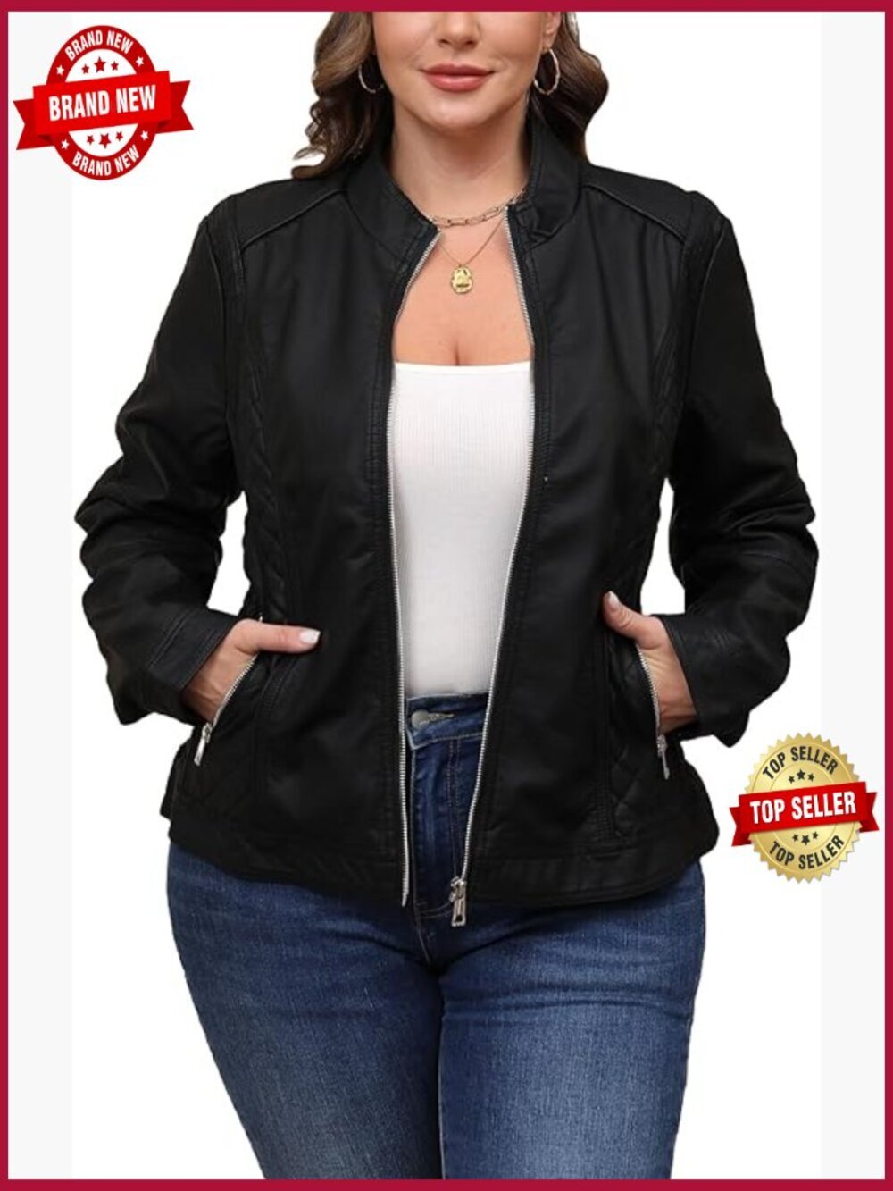 Faux Leather Moto Jacket with Zipper and Pockets